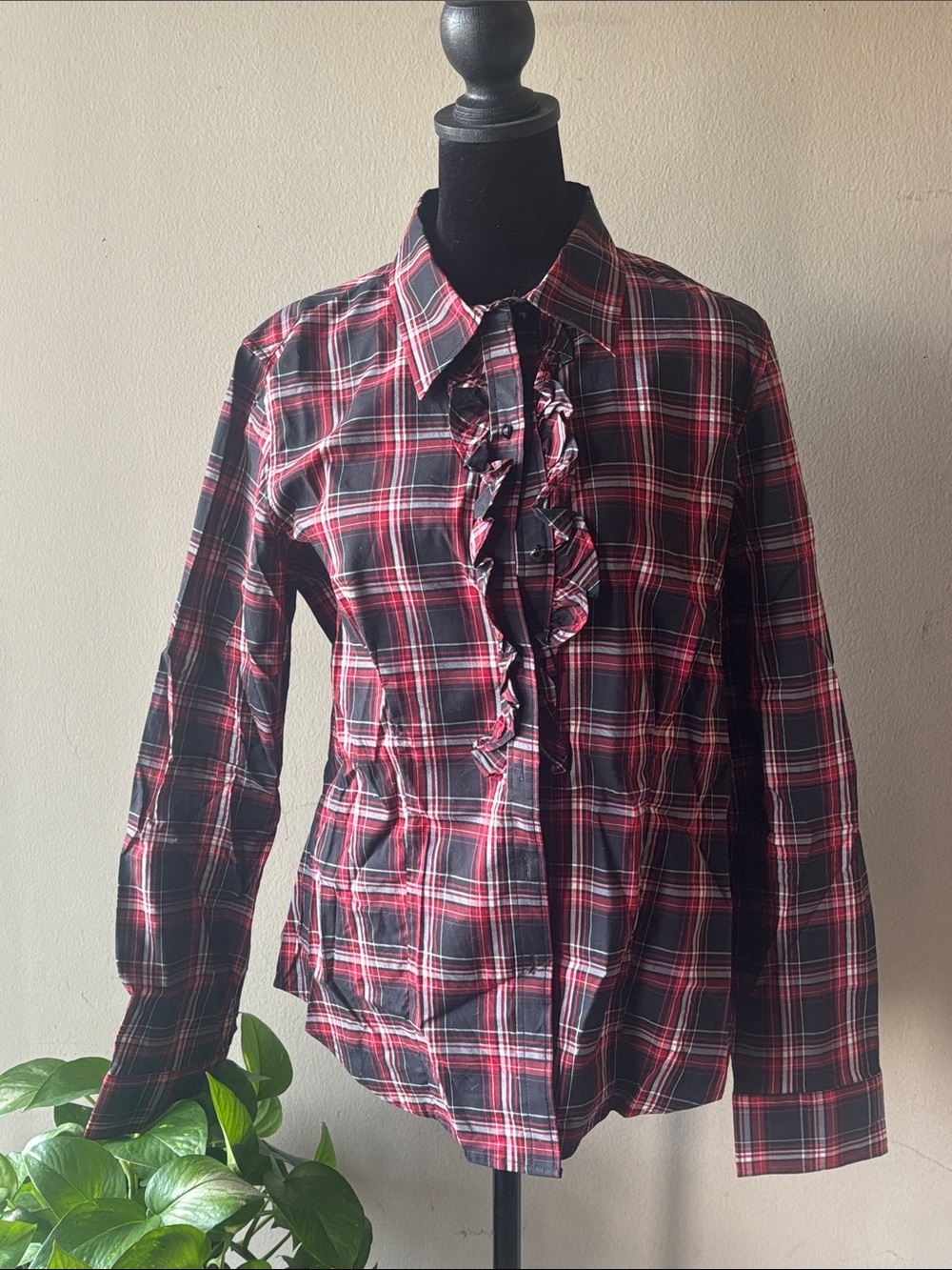 Talbots Red and Black Plaid Button-Up Shirt